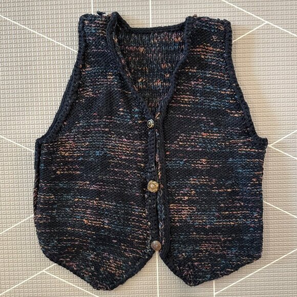 Other - Vintage Handknit Black & Multicolor Kids Sweater Vest with Unique Buttons